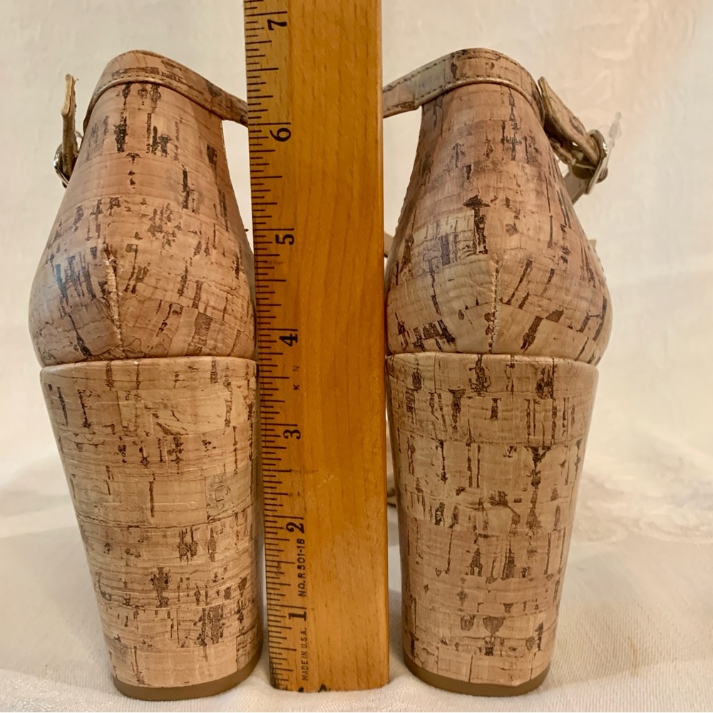 Sexy Ankle Strap 3.75” High Block Heel Open Toe Sandals Faux Cork Design Size 8 - Picture 8 of 15